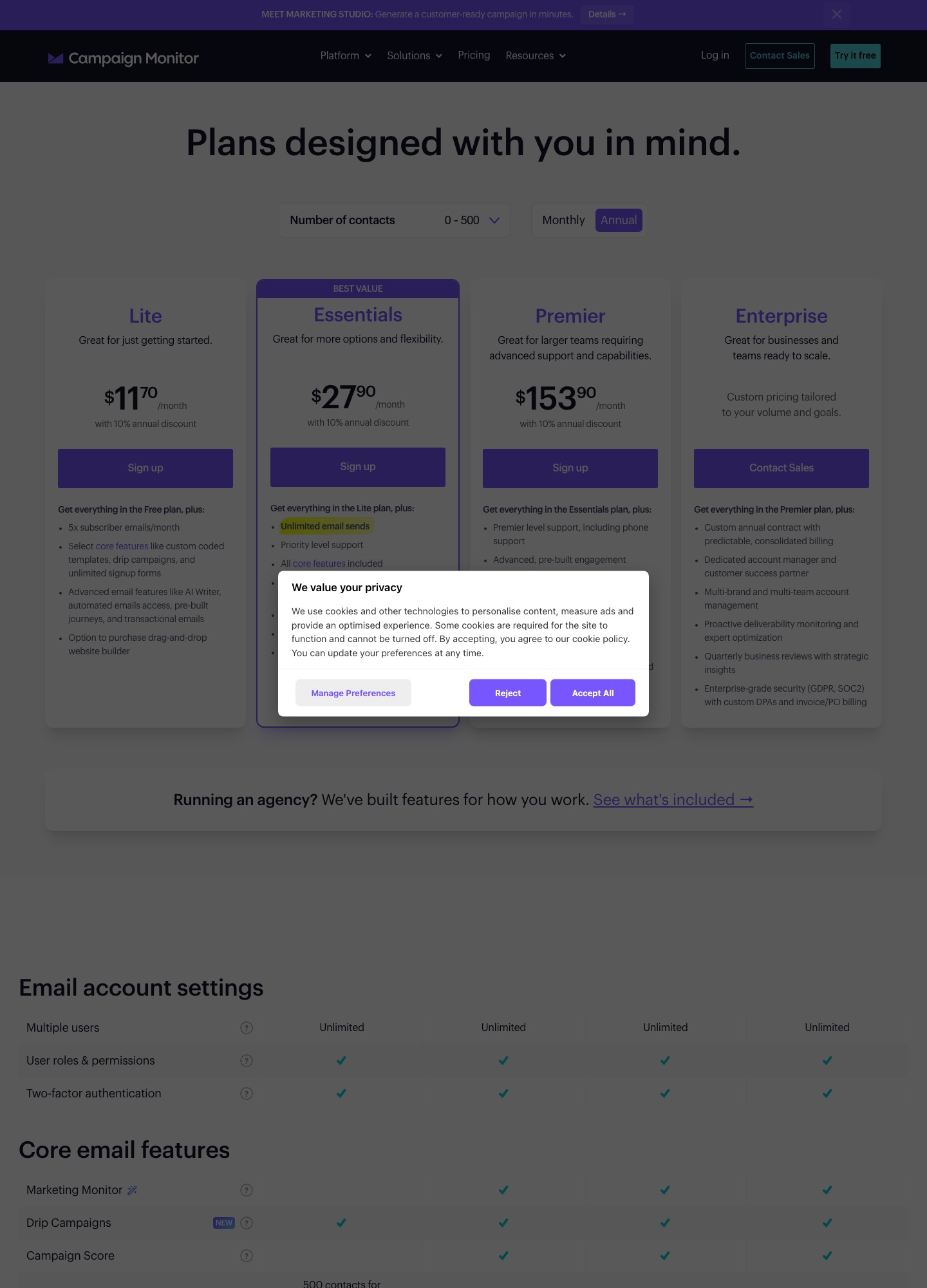 Page des tarifs de Campaign Monitor, capture d’octobre 2026