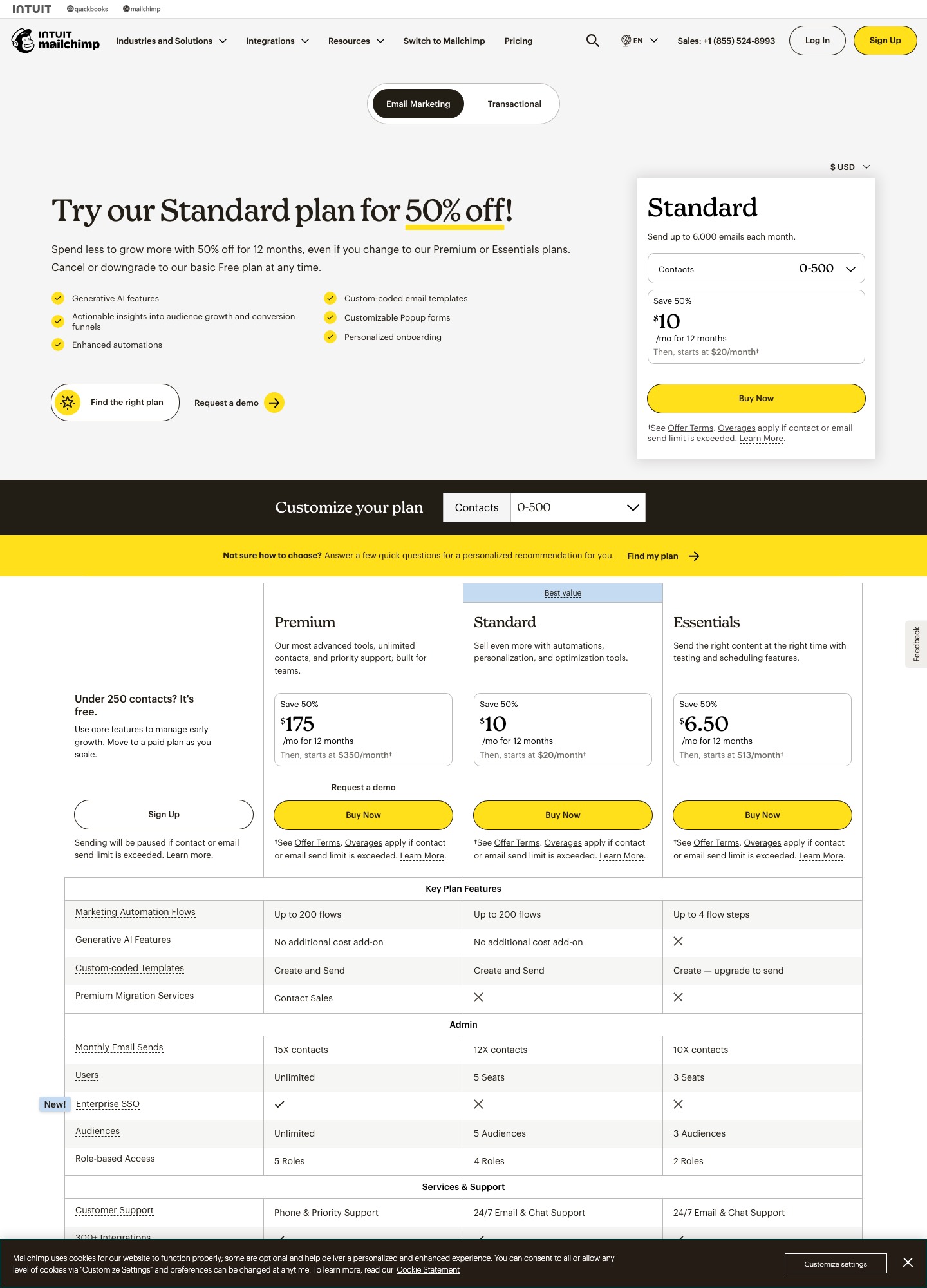 Page des tarifs de Mailchimp, capture d’octobre 2026