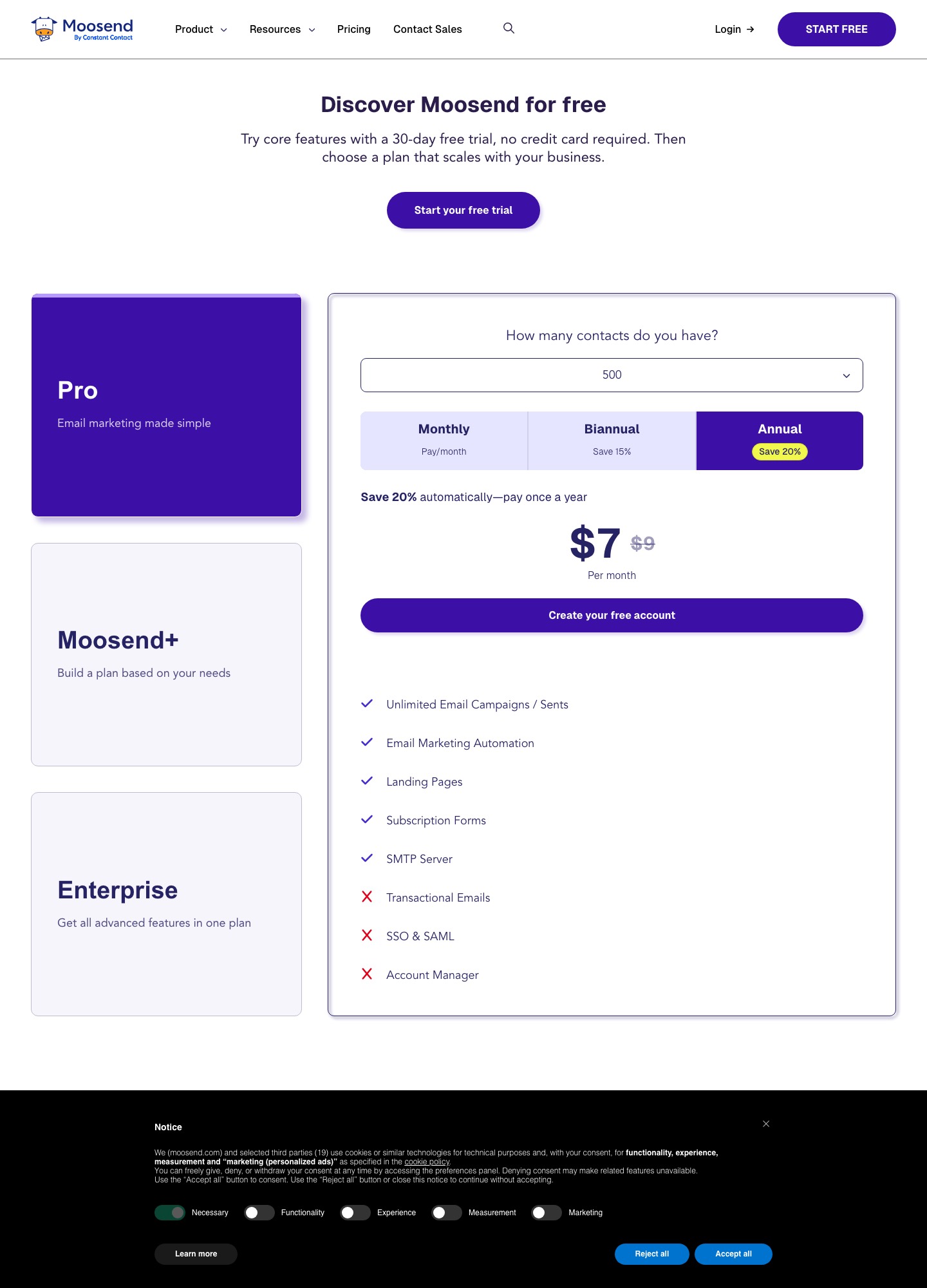 Moosend pricing page, captured Oct 2026